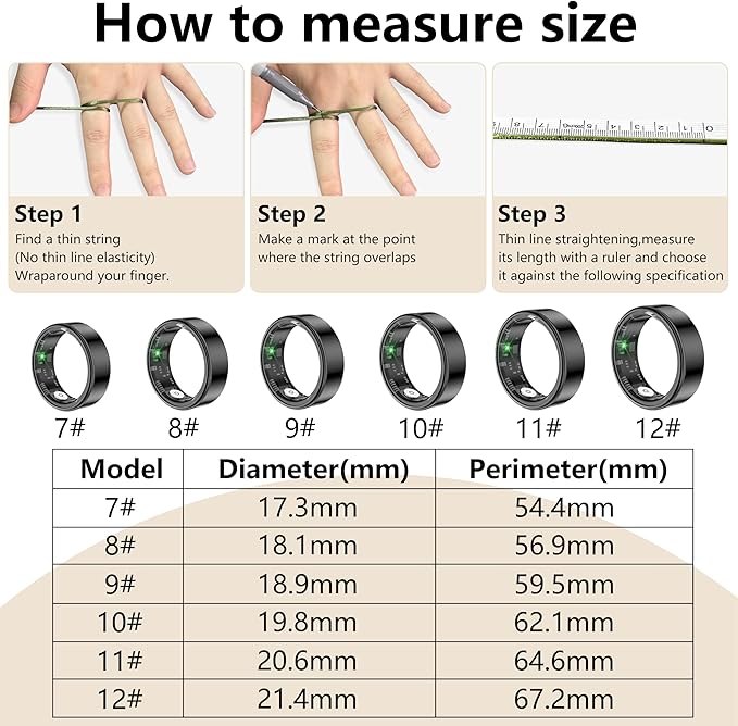 Thin Smart Ring for Fitness & Health Tracking -Pedometer,Sleep/Heart Rate/Blood Oxygen Monitor, Gesture Control / 5ATM Waterproof -No APP Subscription Compatible with Smart Phone (Black, 9)