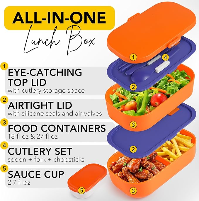 Insulated Stackable Bento Box for Adults with Reusable Chopsticks Japanese Lunch Box Microwavable & Leak Proof Lunch Containers for Men & Women Modern Cute Food Container with Compartments (Orange)