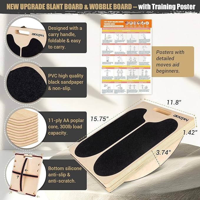 3-in-1 Wooden Slant Board & 180°/360° Balance Board, Portable 6 Angle Adjustable Calf Stretcher with Training Poster, Anti-Slip 300LBS Wobble Board for Physical Therapy, Standing Desk & Core Strength
