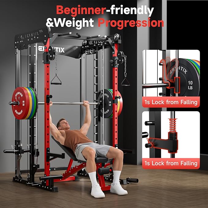 Smith Machine Power Rack, Eryntix All-in-One Power Cage with Cable Crossover, Squat Rack, LAT Pulldown & Pull-Up Bar, 2600LBS Capacity Home Gym Equipment with 18 Attachments for Strength Training