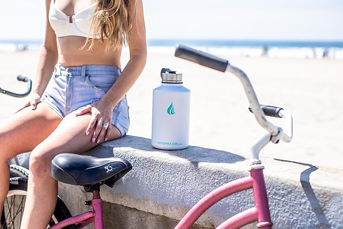 HYDRO CELL Stainless Steel Insulated Water Bottle with Straw - For Cold & Hot Drinks - Metal Vacuum Flask with Screw Cap and Modern Leakproof Sport Thermos for Adults (White 64oz)