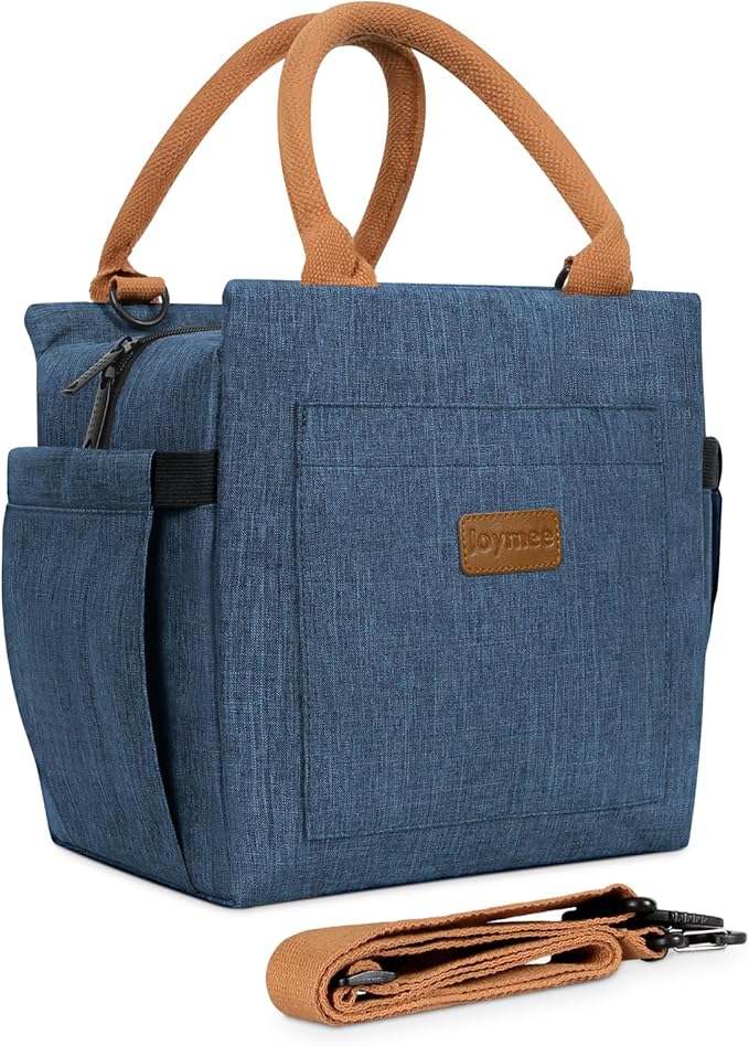 Joymee Lunch Bag Women Insulated Lunch Box with Adjustable Shoulder Strap Large Reusable Adult Lunch Box Lunch Tote Lunch Bag with Water Bottle Holder and Side Pockets for Work-Navy Blue