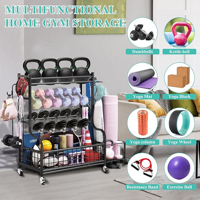 Dumbbell Rack, Weight Rack for Kettlebells, Storage Holder for Yoga and Workout Equipment, Home Gym Storage Rack with Wheels,Hooks and Mesh Top
