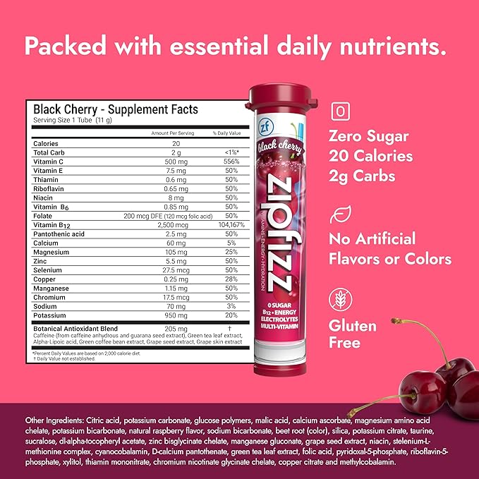 Zipfizz Daily Energy Drink Powder, Black Cherry, 20 Pack | 3-in-1 Sustained Energy, Rapid Hydration, and Essential Vitamins | Sugar-Free | Electrolyte Powder | Contains Vitamin B-12 & Antioxidants