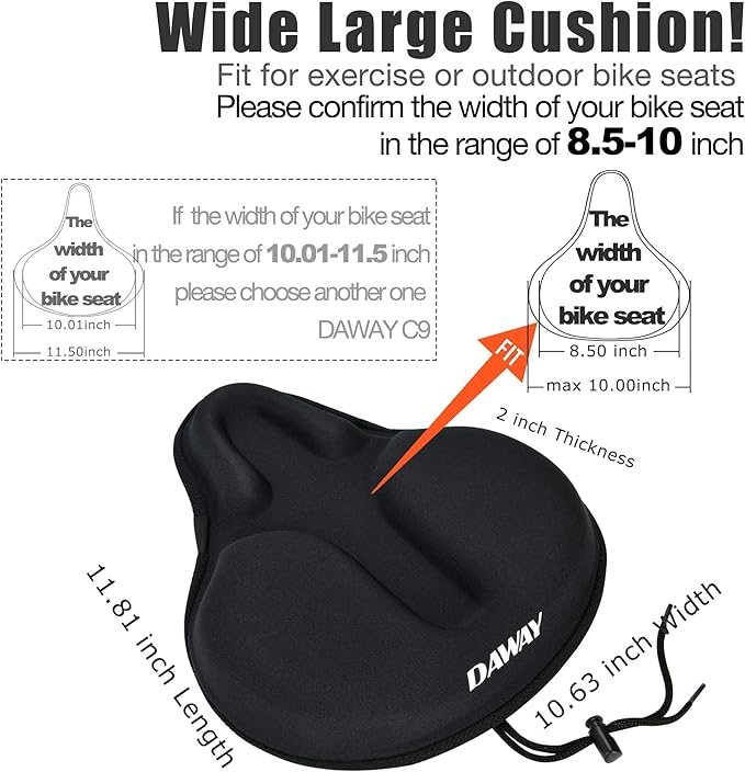 DAWAY Comfortable Bike Seat Cover - Silicone Gel & Memory Foam Padded Bike Seat Cushion for Men Women - Soft Bicycle Saddle Cover for Peloton, Stationary Exercise, Mountain Road Bikes - XL/Large/Small