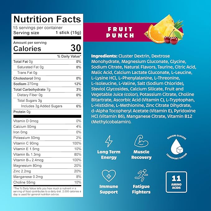 LivPur Electrolyte Drink Mix, Instant Hydration Powder with Vitamin C, B6, B12 & Essential Amino Acids for Muscle Support & Immune Health, Sports Essentials, Fruit Punch Flavor, 15 Stick Packs