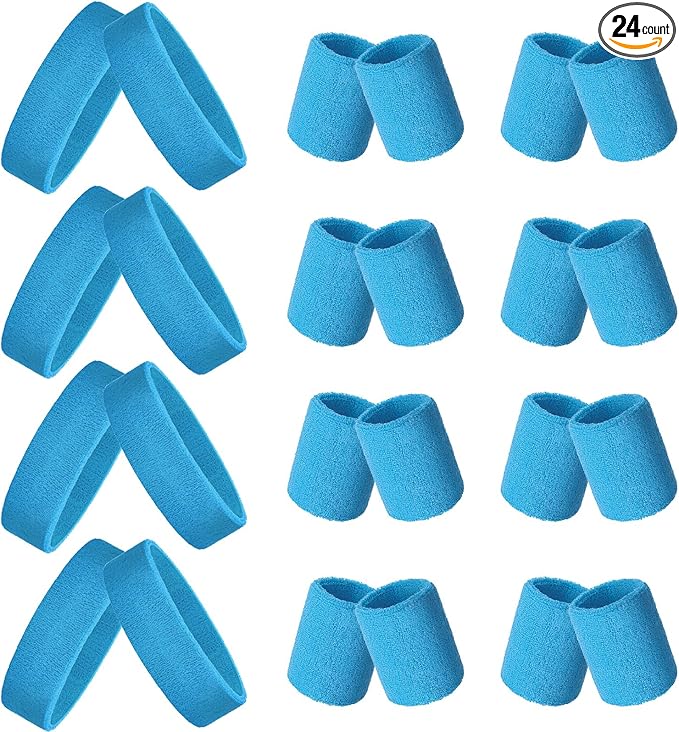 24 Pieces 80s Neon Sweatbands Set, Include 8 Sports Headbands and 16 Sweat Wristbands Elastic Athletic Tennis Sweat Bands Bulk for Man Woman
