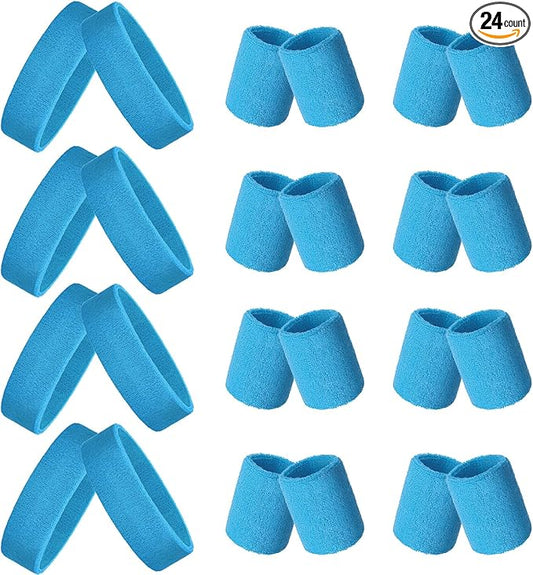 24 Pieces 80s Neon Sweatbands Set, Include 8 Sports Headbands and 16 Sweat Wristbands Elastic Athletic Tennis Sweat Bands Bulk for Man Woman