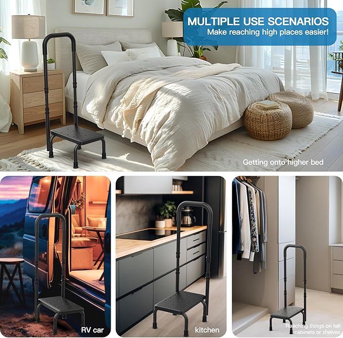 Step Stool with Handle for Elderly, Non Skid Platform & Adjustable Handrail, Medical Stepping Stool for High Bed Mobility & Daily Living Aids, Bedside Car Stair Lift for Senior Adults 400lbs