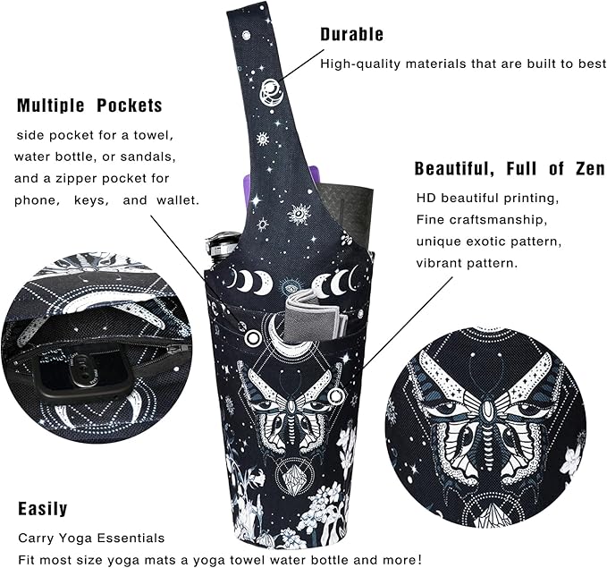 Fashion Printed Yoga Mat Bag with Large Side Pocket & Zipper Pocket Long Tote Yoga Bag Fit Most Size Mats - Holds More Yoga Accessories
