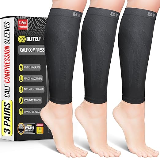 BLITZU 3 Pairs Calf Compression Sleeves for Men and Women. Footless Compression Socks & Leg Support for Running, Travel, Nursing, Fitness. Shin Splints Pain Relief & Reduce Swelling Black 4XL