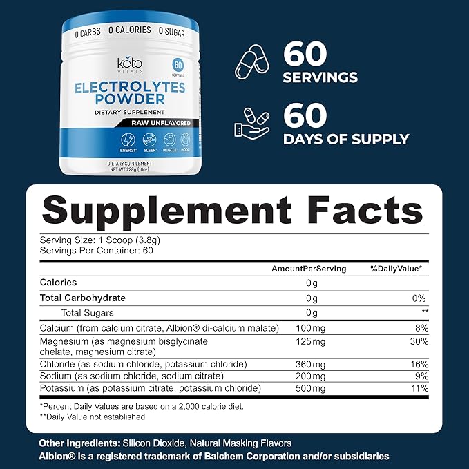 Keto Vitals Unflavored Electrolyte Powder - Sugar Free Electrolytes for Fasting, Keto & Hydration - No Sugar, No Flavor - Flavorless Electrolytes Powder Tub - 60 Servings