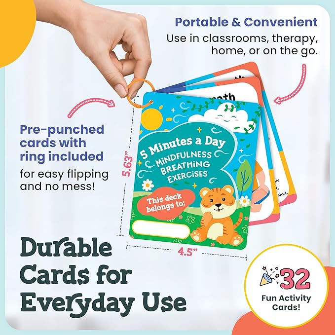 Breathing Cards for Kids – Mindfulness & Calming Corner Kit Must Haves, Yoga & Speech Therapy Materials, Special Education Classroom Office, Social Emotional Learning, Mindful Sensory Play Activities