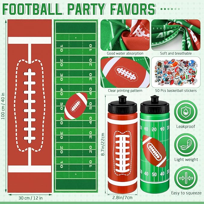 12 Pcs Football Water Bottle Football Cooling Towel Set with 50 Sticker Sports Party Favors Include 6 Reusable Sports Squeeze Water Bottle 6 Ice Towel Breathable Fast Drying for Team Gifts