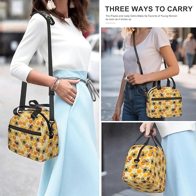 Bee Reusable Insulated Lunch Box Waterproof Lunch Bag with Detachable and Adjustable Shoulder Strap for Office Picnic or Travel