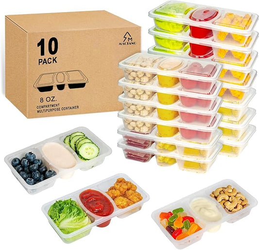 8 OZ Reusable Snack Containers with Lids, New 3 Compartment Condiment Snack Pack Containers 10 Sets