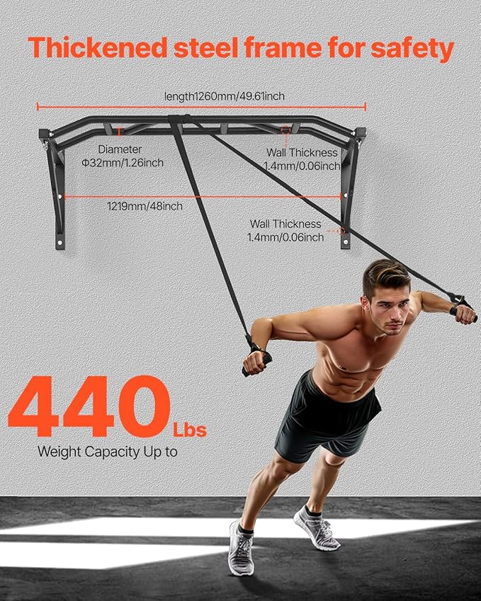 VEVOR Pull Up Bar, Multi-Grip Wall Mounted Pull Ups, 50 in Width Multifunctional Chin Up Training Station, Heavy Duty Steel Upper Body Workout Bars with Hangers, 440 lbs Weight Capacity, for Home Gym