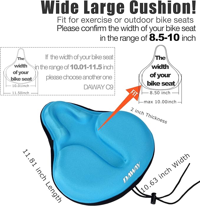 DAWAY Comfortable Bike Seat Cover - Silicone Gel & Memory Foam Padded Bike Seat Cushion for Men Women - Soft Bicycle Saddle Cover for Peloton, Stationary Exercise, Mountain Road Bikes - XL/Large/Small