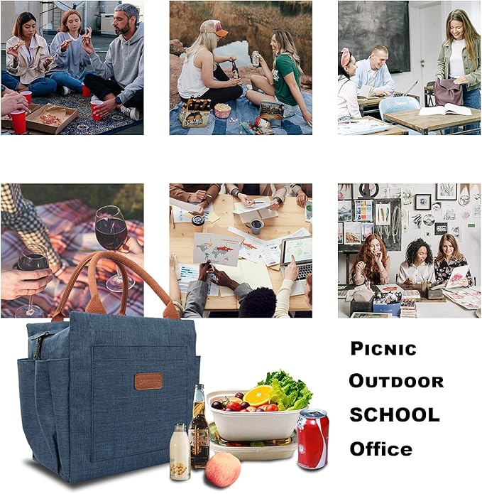 Joymee Lunch Bag Women Insulated Lunch Box Reusable Leakproof Large Spacious Tote for Women Men Adult with Bottle Holder and Side Pockets for Work Picnic Travel - Navy Blue