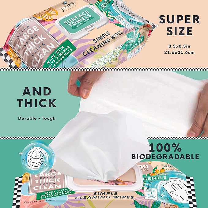 Single Surface Cleaning Wipes Bleach Free, Thick & Large Dispose, All-Purpose Cleaner for Bathroom, Kitchen, Office, 100 Count Soft Flow, Biodegradable, Juniper Scent