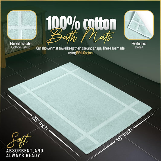 Pearl Linens Pack of 2 100% Cotton Bath Mat 18x25 inches, Soft & Absorbent Quick Dry Bathroom Mat Set, Not Bathroom Rugs, After Shower Mat, Bath Tub Mat, 687 GSM, Machine Washable, Mint Green