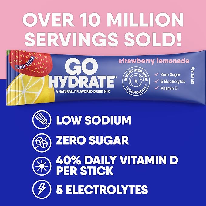 GoHydrate Instant Hydration Powder Packets - Low Sodium Electrolytes Drink Mix - Natural Hydration Support, Sugar Free Electrolyte Flavored Powder Drink with Vitamin D, 30 Packs, Strawberry Lemonade