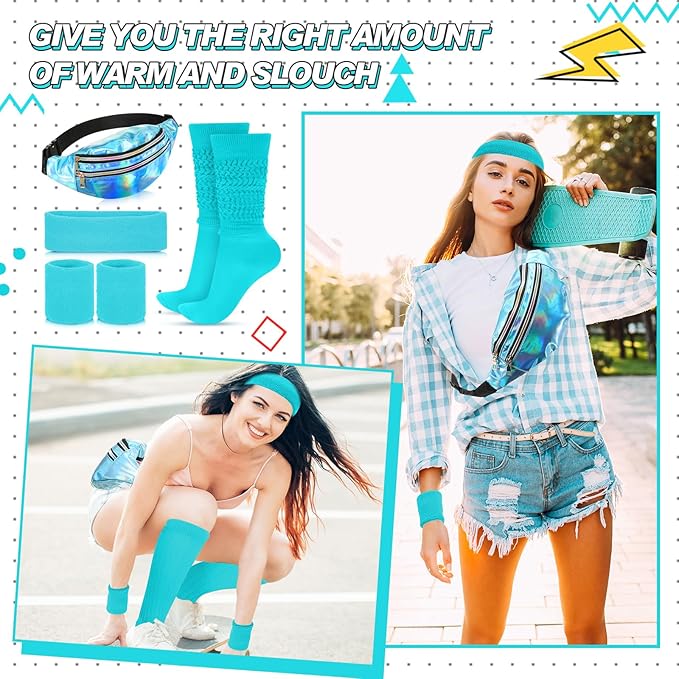 Tarpop 80s Neon Women Slouch Socks 90s Headbands Wristbands Fanny Pack Leg Warmers Sweatbands Waist Bag Women Party Costume