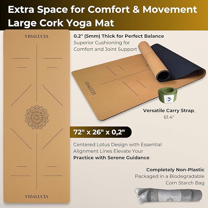 Cork Yoga Mat - Extra Large 72"x26" Non-Slip Yoga Mat with FSC Certified Portuguese Cork & Natural Rubber Base – 5mm Thick Hot Mat for Home & Studio – Yoga Accessories for All Levels