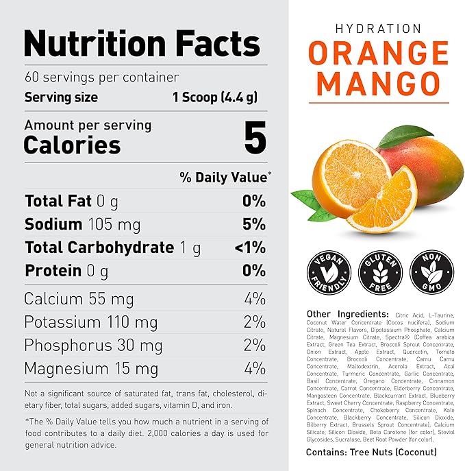 Kaged Hydration Electrolytes Powder | Orange Mango | Hydra-Charge Sports Drink Mix | Pre, Post, Intra Workout | Low Carb, Vegan, Gluten Free | Supplements for Men & Women | 60 Servings