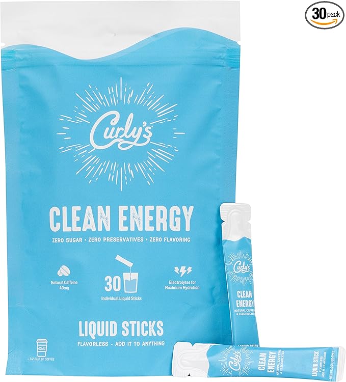 Curly's Clean Energy Caffeine & Electrolyte Sticks - Energize Your Favorite Drink - Keto, Paleo & Whole 30 Friendly - All Natural - No Sugar, No Calories, Non-GMO - 30 Flavorless Liquid Stick Packs