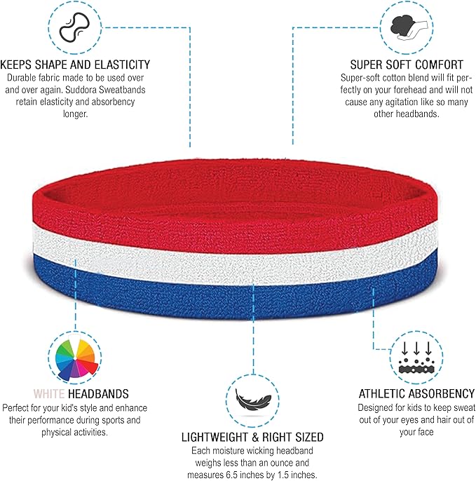 Suddora Sweatbands for Kids, Moisture Wicking 2 Wristbands and 1 Headband Set, Soft and Skin-Friendly Fabric, Moisture-Wicking Athletic Sweat Bands for Basketball, Baseball, Soccer