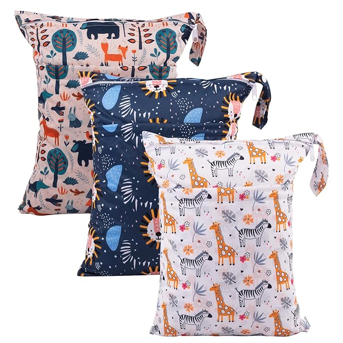 babygoal Wet Dry Bags for Baby Cloth Diapers, Washable Travel Bags, Beach, Pool, Gym Bag for Swimsuits & Wet Clothes with Two Zippered Pockets 3 Pack, 3LN25