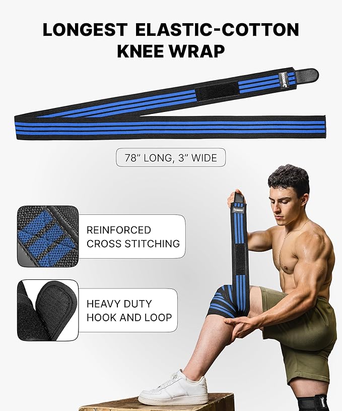DMoose Fitness Knee Wraps for Weightlifting (Pair) – 78” Gym Brace Straps for Joint Stability & Pain Relief - Perfect for Squats & Working Out - USPA Approved Knee Wrap Supports for Men and Women
