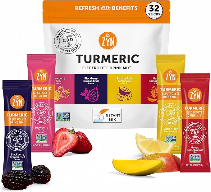 ZYN Electrolyte Drink Mix Hydration Packets, Electrolytes Powder, Hydration Packets w/Turmeric Curcumin, Vitamin C and D, Zinc, Hydrate Electrolyte Powder Packets for Wellness, Variety Pack of 32