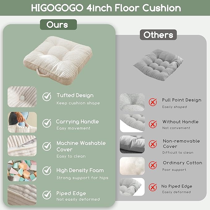 HIGOGOGO Washable Floor Pillow Cushion for Adults, Meditation Cushion Pillow, Large Square Floor Sitting, Removable Tufted Corduroy Cover, for Tatami Living Room or Yoga, 22x22 Inch, Machine Washable