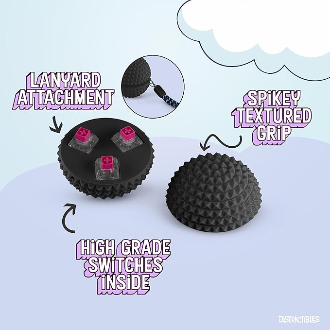 Round Spiked Sensory Fidget Clicker, Tactile Stimming Device with Mechanical Clicky Switches, Lanyard Attachment, Ideal for Pain Stim, ADHD, Autism & Stress Relief (Black, Large)