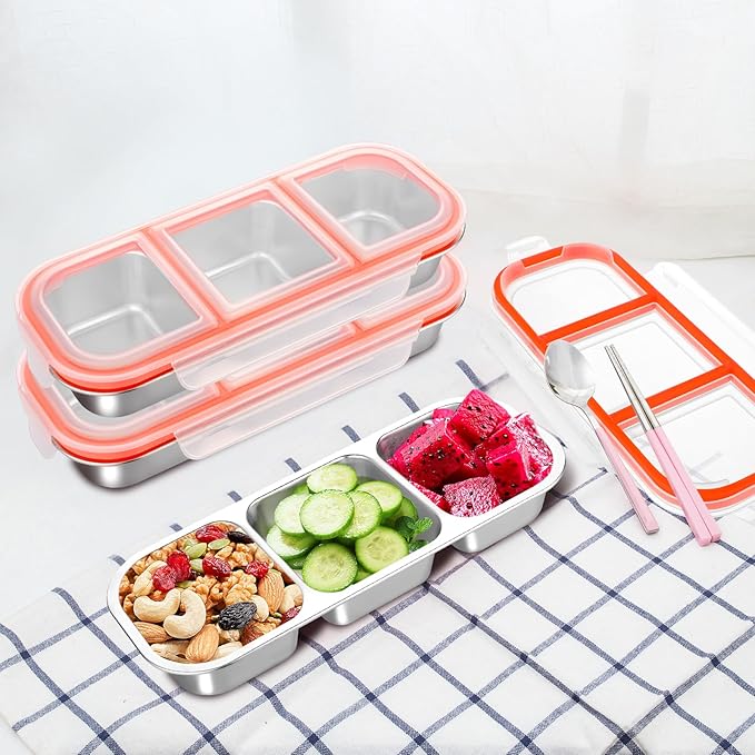 4 Pack Stainless Steel Snack Containers, 3 Compartment Food Container, Compartment Food Storage Box with Lids, Stackable Leakproof Divided Lunch Containers for Kids, Adults for School, Work, Travel