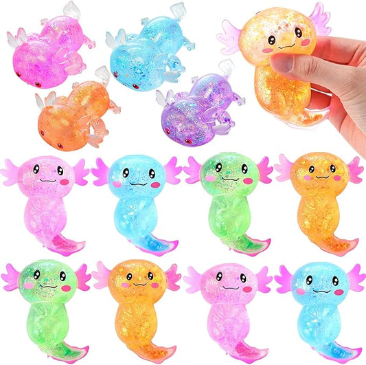 Meooeck 12 Pack Axolotl Stress Relief Toys Glitter Axolotl Starfish Stress Balls Fun Relaxing Squeeze Fidget Toys Relieve Anxiety Squeeze for Birthday Party Goodie Bag Stuffers(Mixed Style)