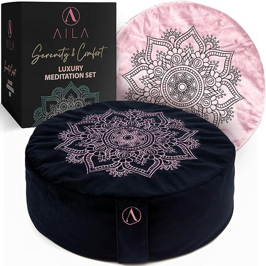 Aila Premium Meditation Cushion – Ergonomic Zafu Pillow with Buckwheat Filling – Includes Extra Washable Cover – Floor Cushion for Comfort & Posture Support – Ideal for Yoga, Mindfulness & Relaxation