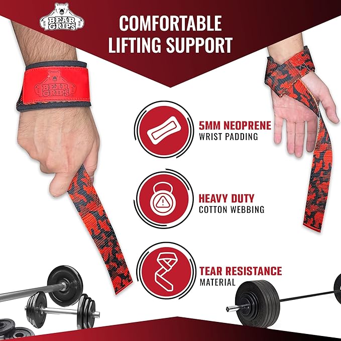 Bear Grips Lifting Straps - Gym & Weightlifting Straps for Men & Women, Deadlift Support, 2 Pairs