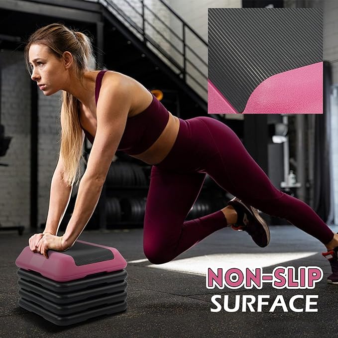 Fitvids Step Aerobic Platform, Exercise Step with 5 levels Adjustable Height, 4 Stackable Risers, Fitness Training Workout Stepper for Home Gym, Cardio Strength, Multiple Options