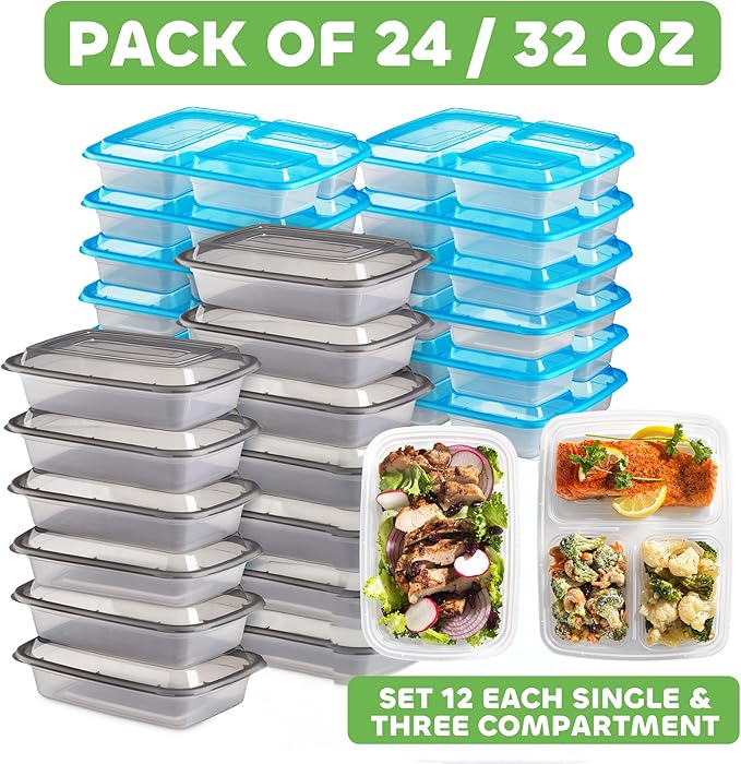 Food Storage Containers With Lids - (24 Pack-32 Oz) 12- 3 Compartment Meal Prep Containers Reusable Or Disposable & 12- Single Food Storage Bento Boxes, Bpa Free, Microwave, Freezer, Dishwasher Safe