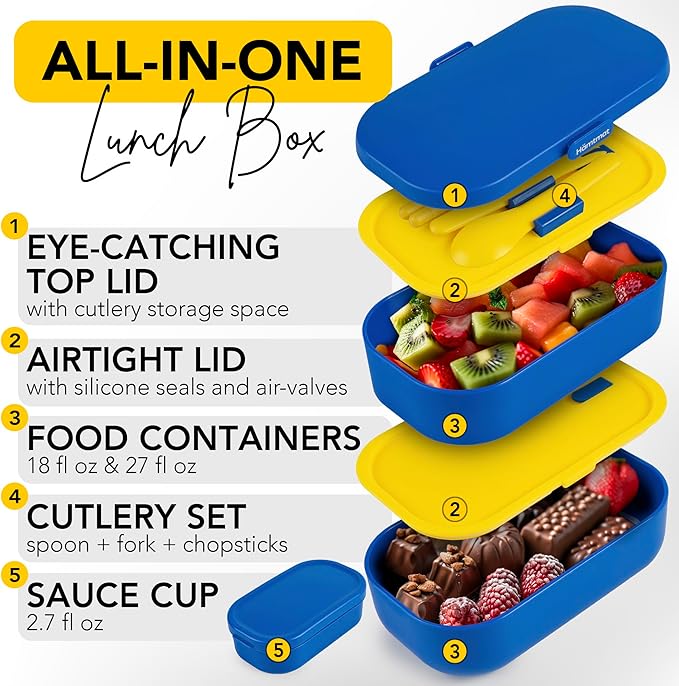 Insulated Stackable Bento Box for Adults with Reusable Chopsticks Japanese Lunch Box Microwavable & Leak Proof Lunch Containers for Men & Women Modern Cute Food Container with Compartments (Blue)