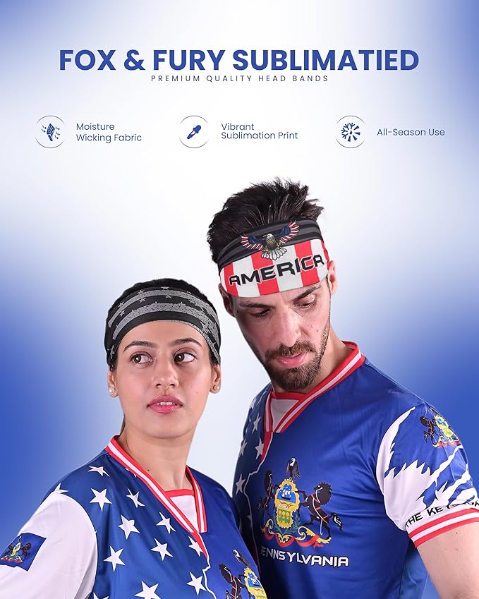 Reversible Patriotic USA Headband β 2 Styles in 1: Eagle Print on One Side & Matte Black American Flag on The Other β Non-Slip Stretch Fit for Gym, Sports, Men & Women