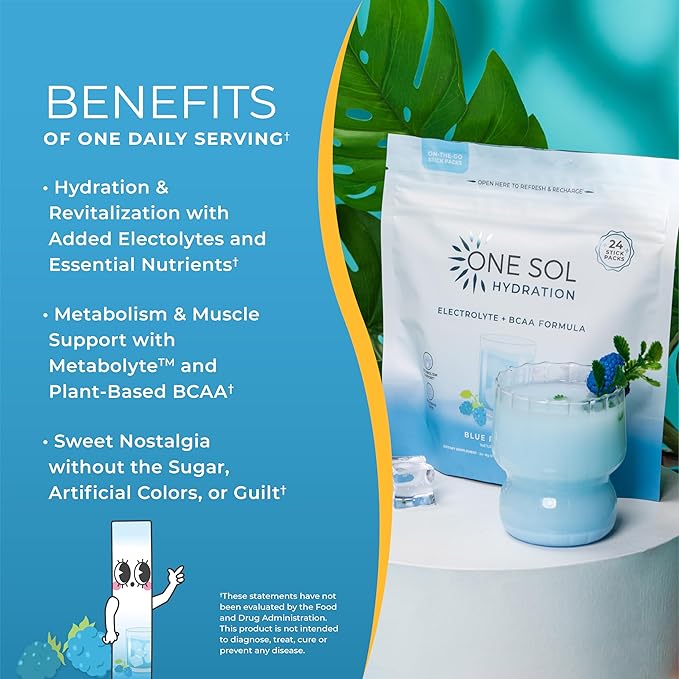 One Sol BCAA & Electrolyte Powder for Hydration & Energy, All-Natural Formula, 100% Vegan, Non-GMO, Gluten Free & Soy-Free, Promotes Muscle Growth & Recovery, Natural Blue Raspberry Flavor