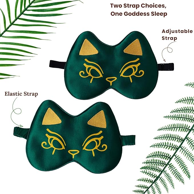 Silk Sleep Mask Blindfold Eye Mask for Sleep Cute Cat Print Embroidered Eye Cover Adjustable Oversized Egyptian Bastet with Gift Box&Pouch(Osiris Green-Elastic Strap)