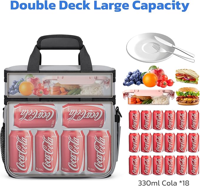 Maelstrom Lunch Box, 20L Insulated Lunch Bag for Men Women, Expandable Double Deck Leakproof Cooler Bag with 6 Pockets, Reusable Lunch Tote Bag for Work, Picnic, Travel, Grey