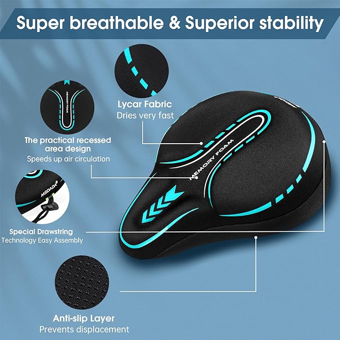 MSDADA New Large Gel Bike Seat Cover, Extra Soft Bike Seat Cushion for Men Women Comfort Wide, Fits Indoor/Outdoor/Exercise Bikes (11.22 inch x 10.03 inch)