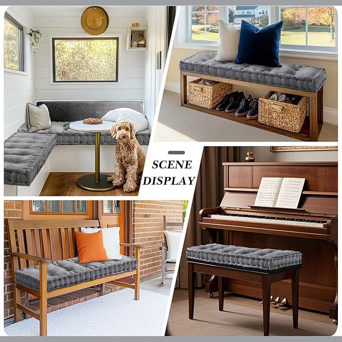 Bench Cushions for Indoor Furniture 36x14 in Velvet Kitchen Dining Piano Window Seat Cushion, Tufted Patio Porch Swing Thicken Bench Pad Memory Foam(Gray)
