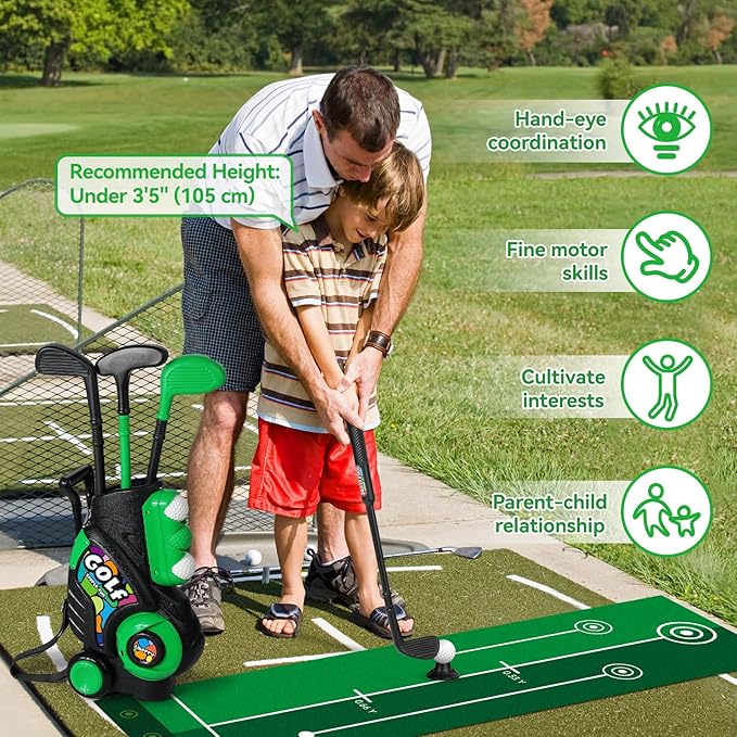 Liberry Toddler Golf Set with Putting Mat for Boys Girls Age 2 3 4 5, Upgraded Kids Golf Cart with Shoulder Strap Design, Outdoor Indoor Sports Toys for Birthday, Black